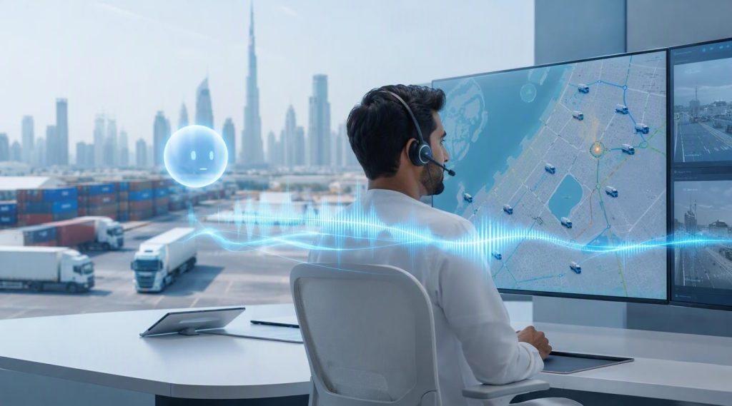 Agentic AI Dubai concept illustration in Eva AI brand style