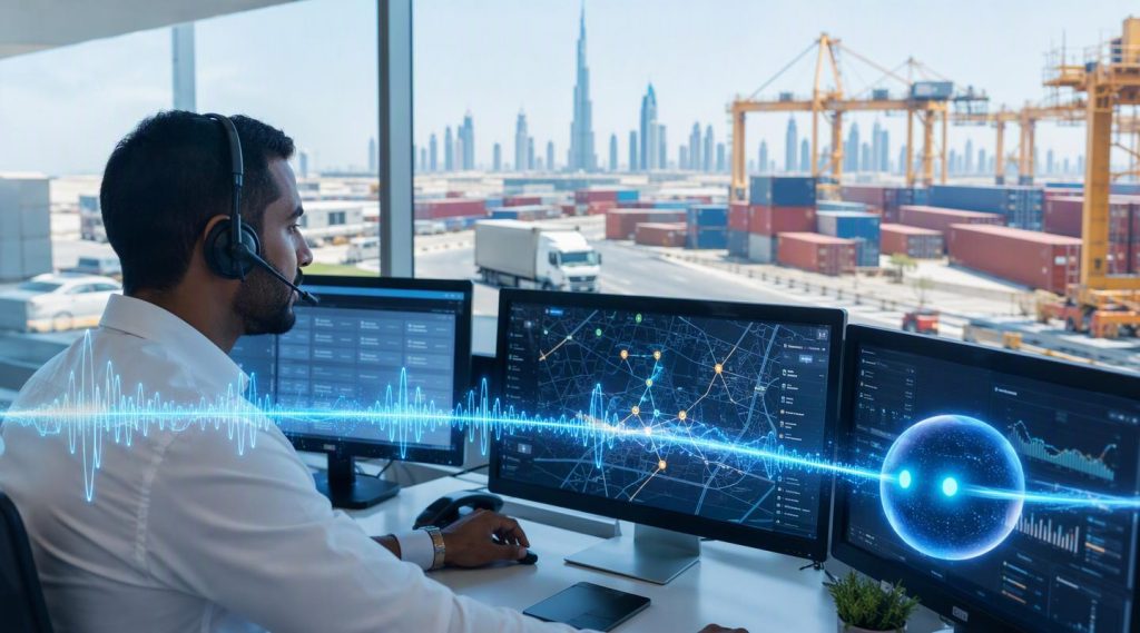 Agentic AI Dubai concept illustration in Eva AI brand style