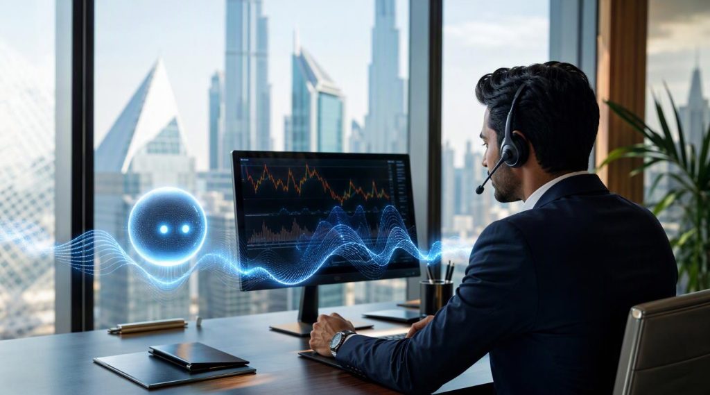Agentic AI Dubai concept illustration in Eva AI brand style