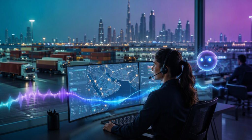 Agentic AI Dubai concept illustration in Eva AI brand style