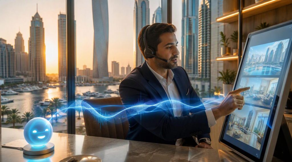 Agentic AI Dubai concept illustration in Eva AI brand style