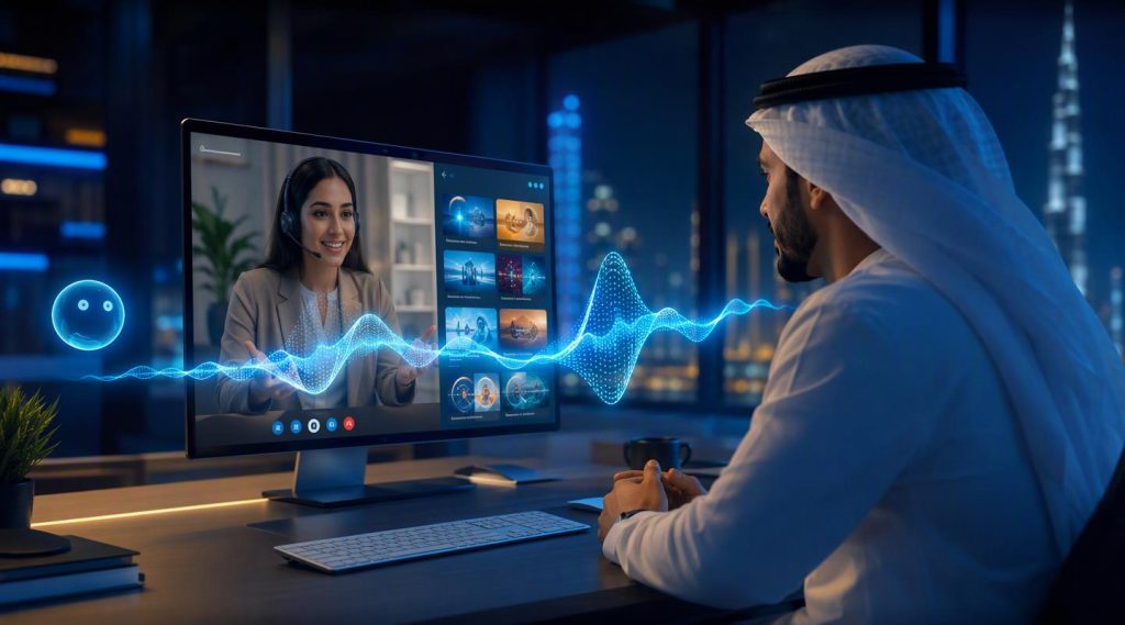 Agentic AI Dubai concept illustration in Eva AI brand style