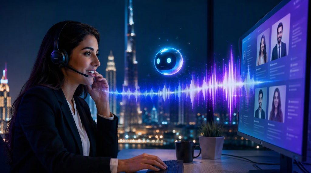 Agentic AI Dubai concept illustration in Eva AI brand style