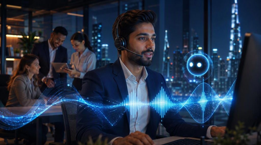 Agentic AI Dubai concept illustration in Eva AI brand style