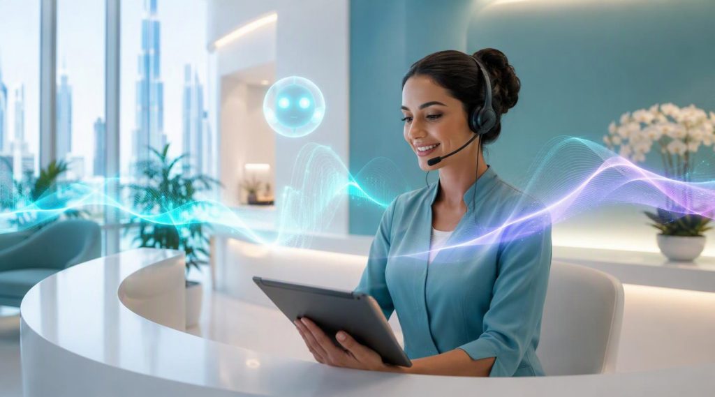 Agentic AI Dubai concept illustration in Eva AI brand style