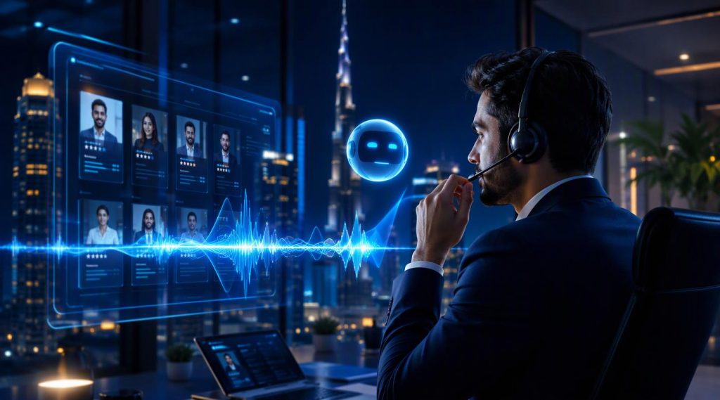 Agentic AI Dubai concept illustration in Eva AI brand style