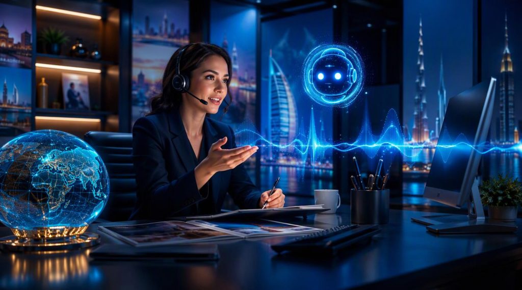 Agentic AI Dubai concept illustration in Eva AI brand style