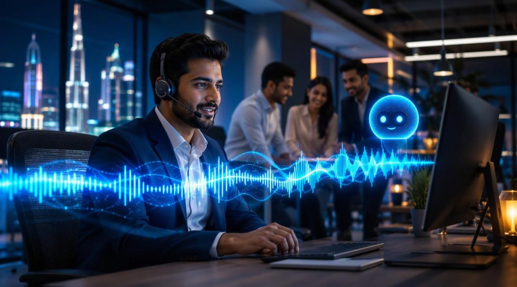 Agentic AI Dubai concept illustration in Eva AI brand style
