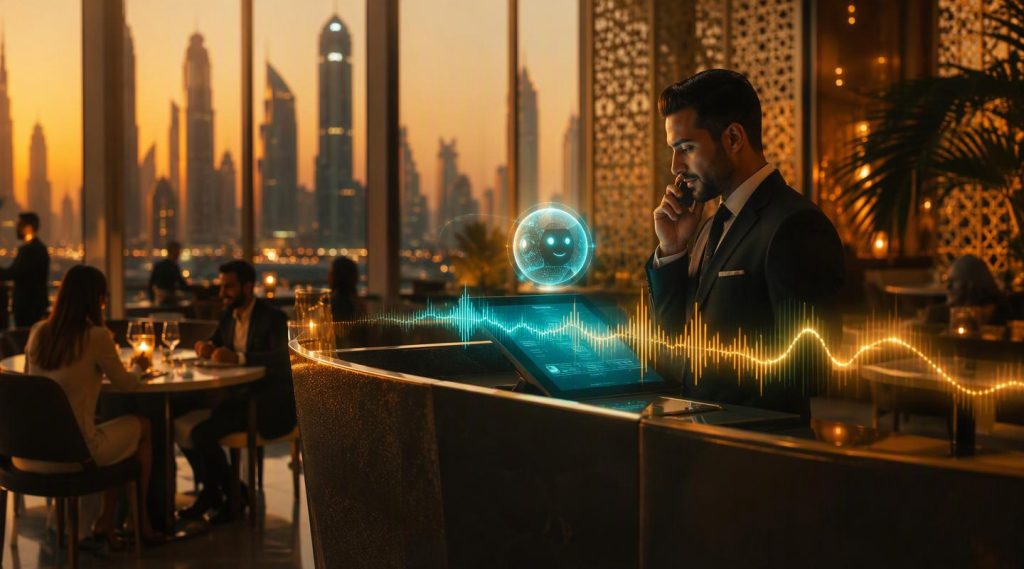 Agentic AI Dubai concept illustration in Eva AI brand style