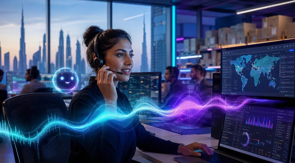 Agentic AI Dubai concept illustration in Eva AI brand style