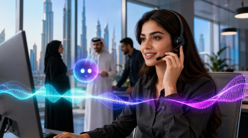 Agentic AI Dubai concept illustration in Eva AI brand style
