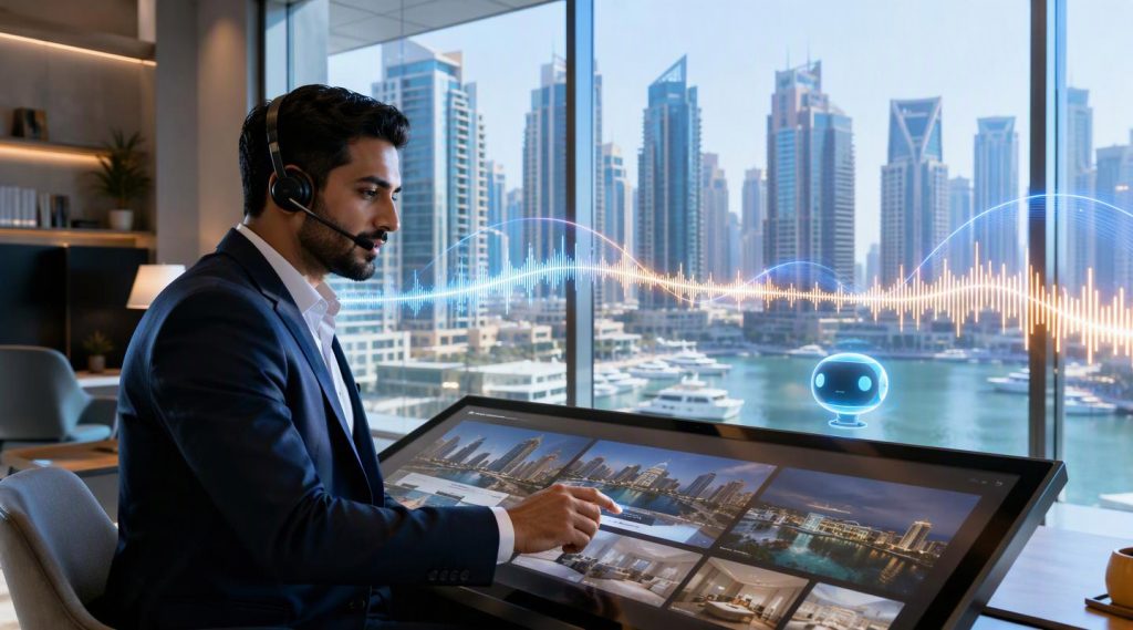 Agentic AI Dubai concept illustration in Eva AI brand style