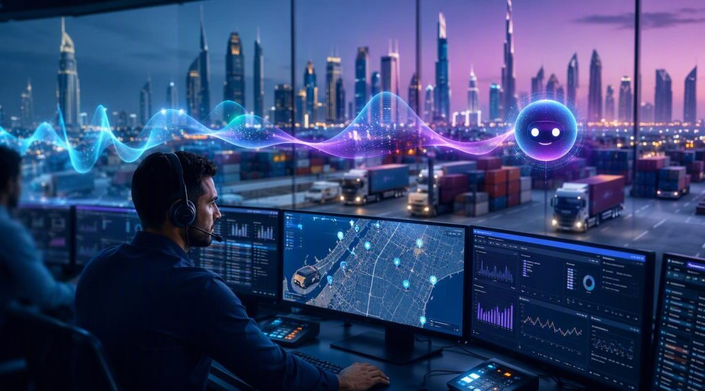 Agentic AI for logistics concept illustration in Eva AI brand style