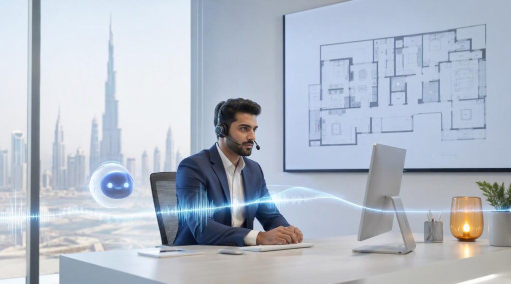 Agentic AI for property management Dubai concept illustration in Eva AI brand style