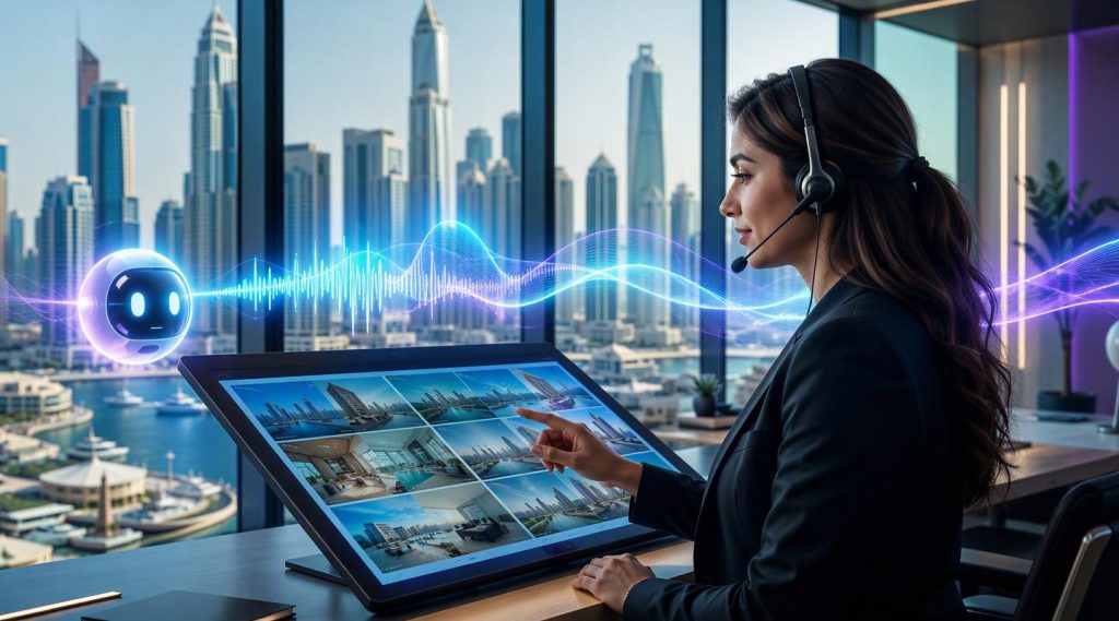 Agentic AI for real estate Dubai concept illustration in Eva AI brand style