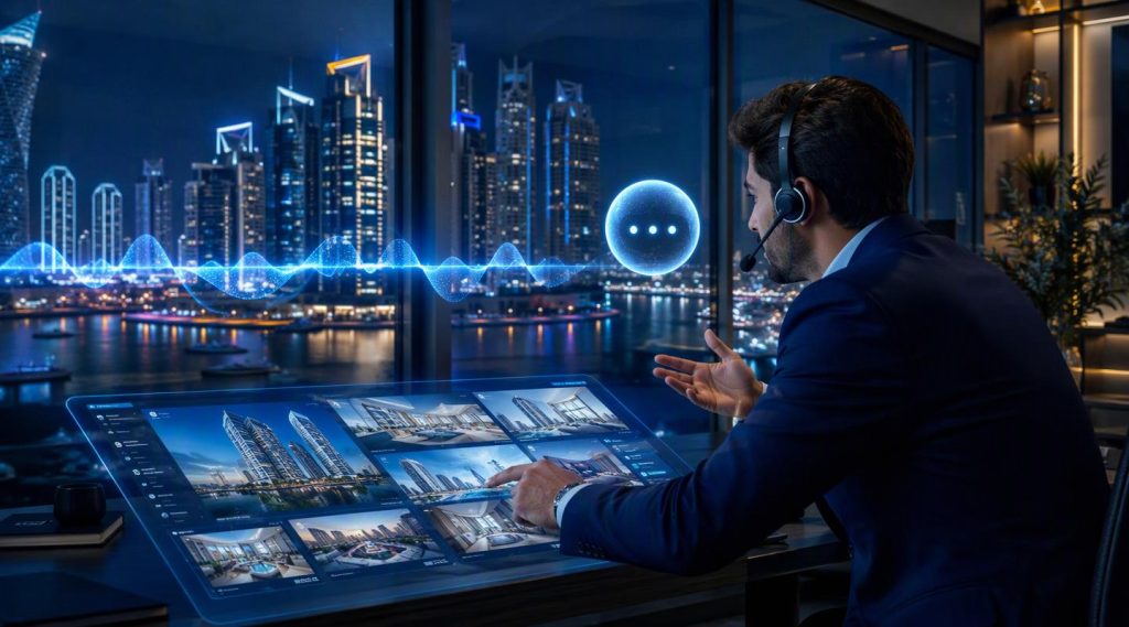 Agentic AI for real estate Dubai concept illustration in Eva AI brand style