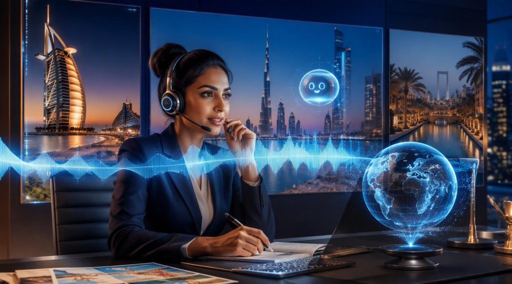 Agentic AI for customer service concept illustration in Eva AI brand style